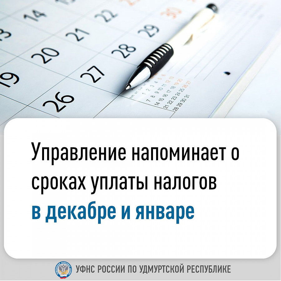 Управление напоминает о сроках уплаты налогов в декабре и январе