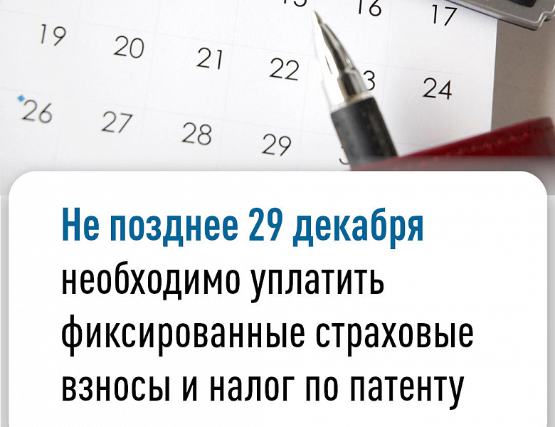 Не позднее 29 декабря необходимо уплатить фиксированные страховые взносы и налог по патенту